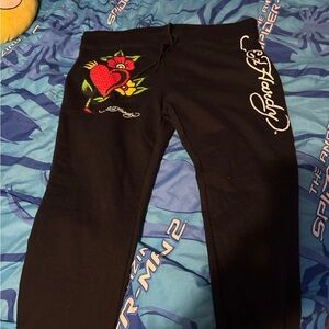 Ed Hardy Black Sweatpants with Red Script Logo